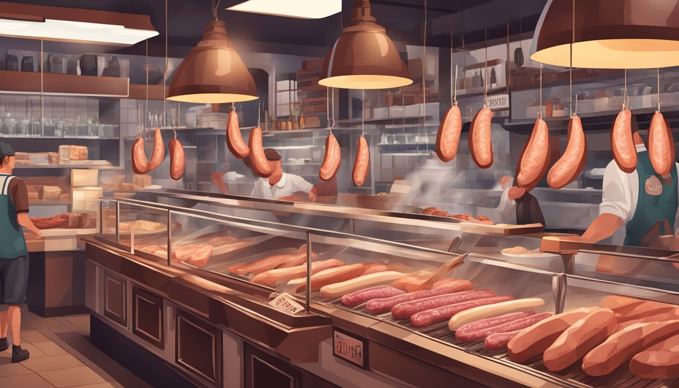 A bustling German Texan butcher shop with hanging sausages, cuts of meat on display, and a traditional meat market atmosphere