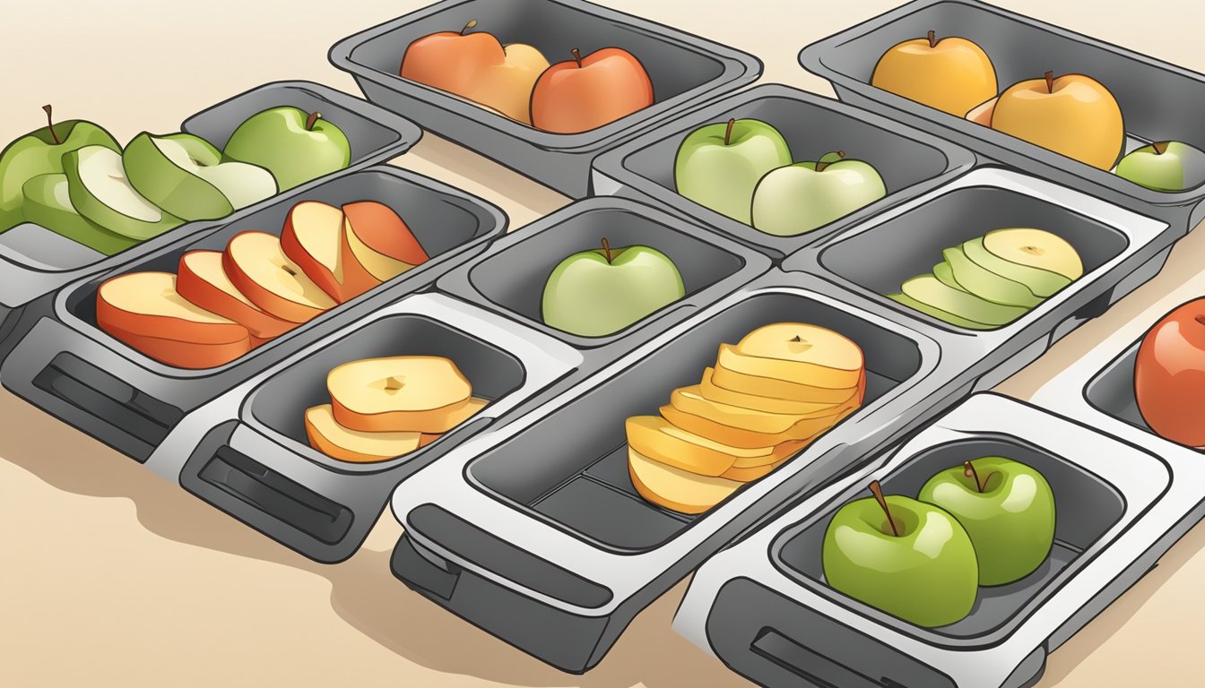 Slices of apples arranged on air fryer trays, with the air fryer set to the desired dehydrating time