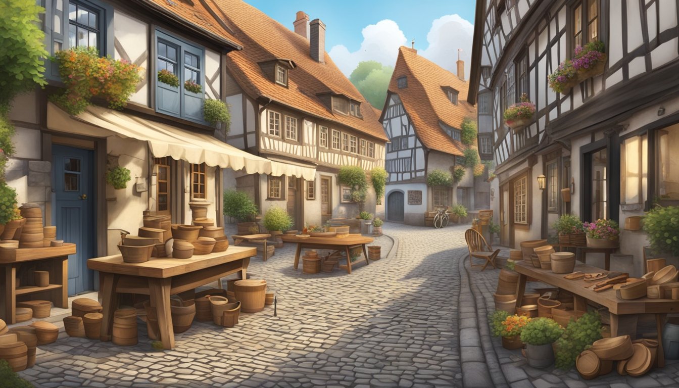 A cobblestone street with traditional German buildings, a wooden shoemaking workshop, and tools scattered around