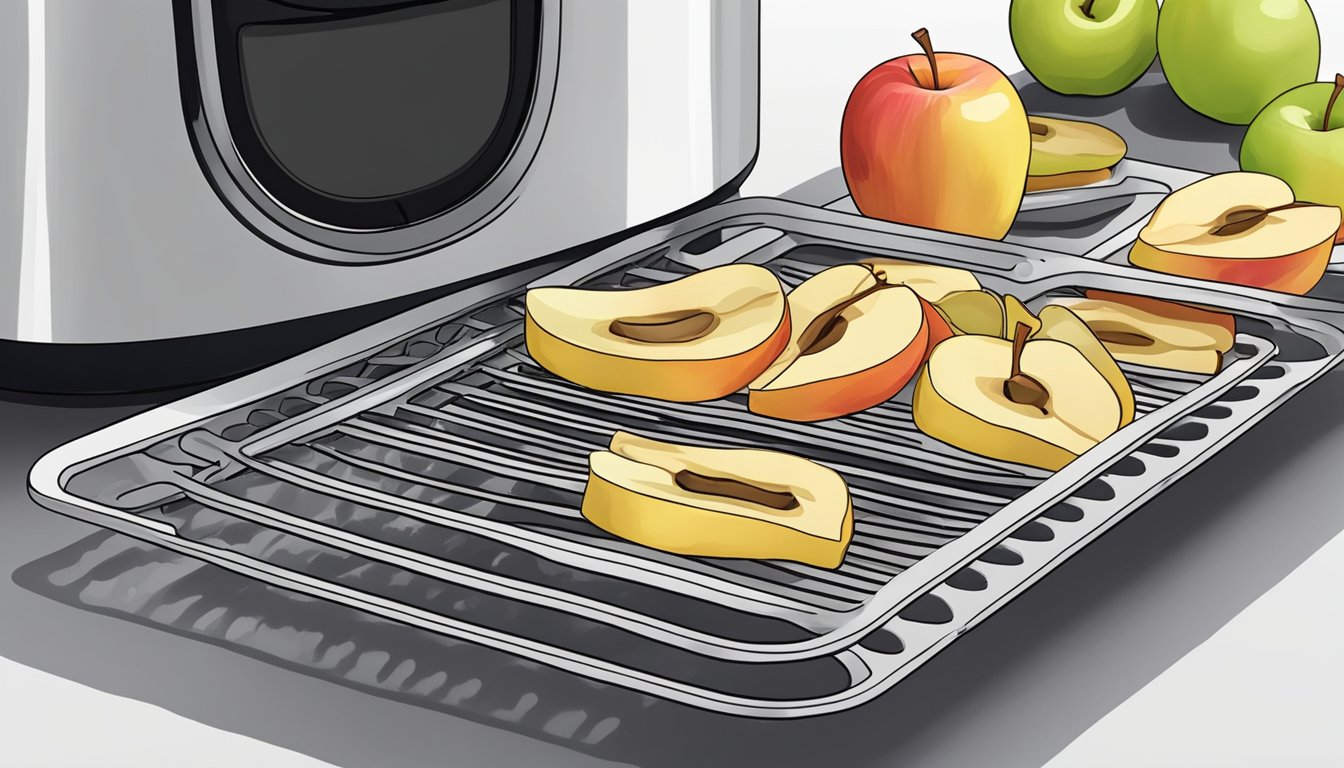 Fresh apple slices laid out on air fryer trays, with the air fryer set to the recommended temperature and time for dehydration