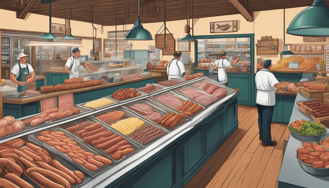 A bustling German Texan butcher shop with hanging sausages, meat displays, and customers browsing