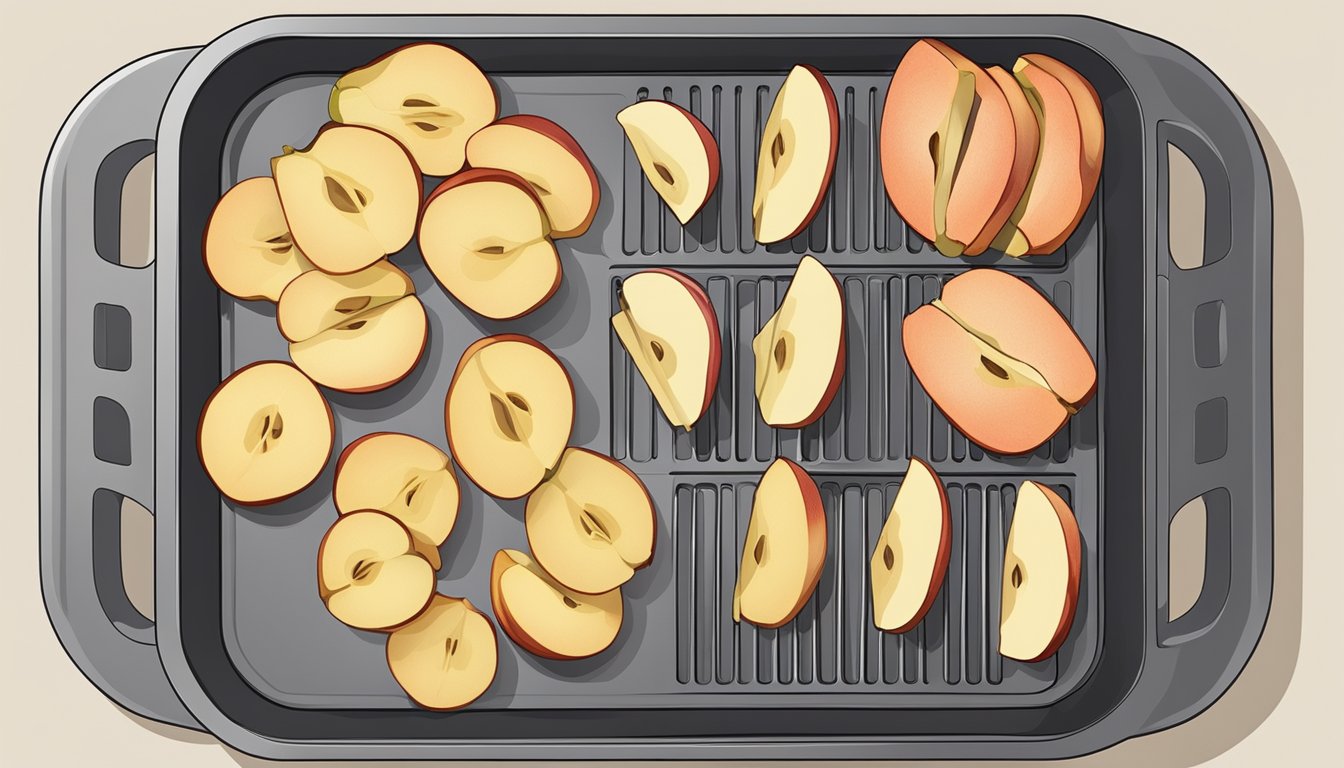 Sliced apples arranged on air fryer tray, with the air fryer set to the appropriate temperature and time for dehydration