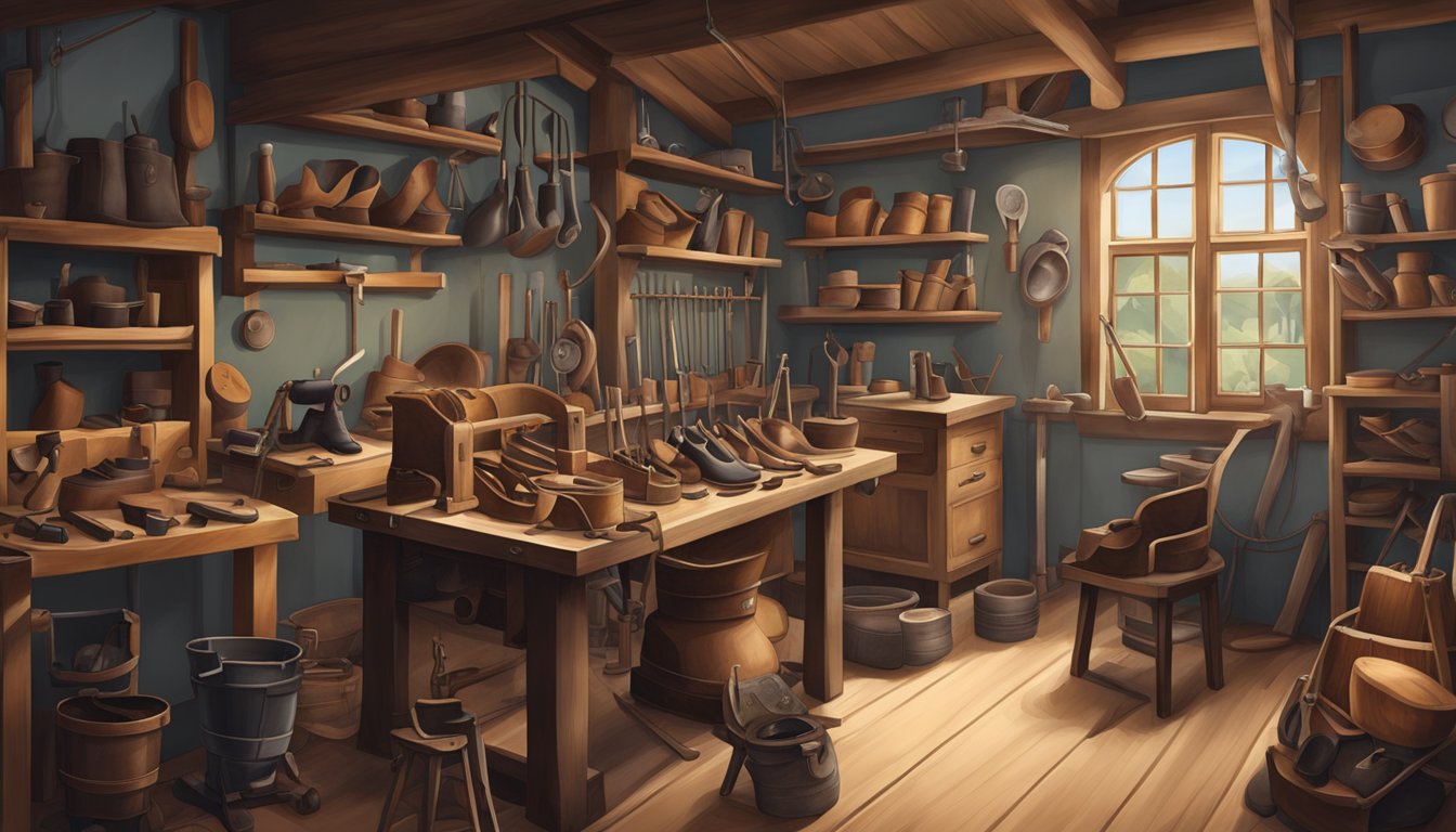 A cobbler's workshop with traditional tools and modern machinery, showcasing the evolution of German Texan shoemaking technology