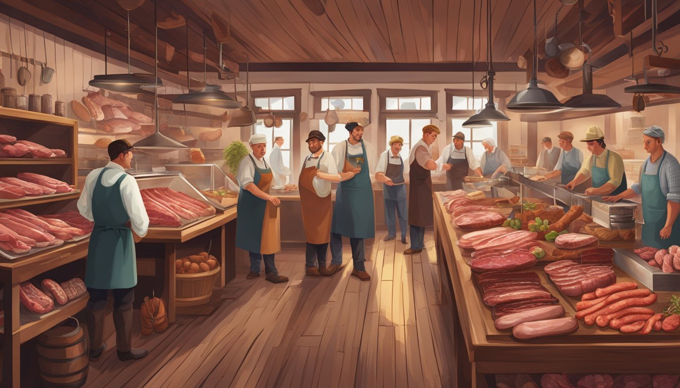 A bustling German Texan butcher shop with traditional decor, meat hanging from hooks, and customers sampling sausages and cured meats