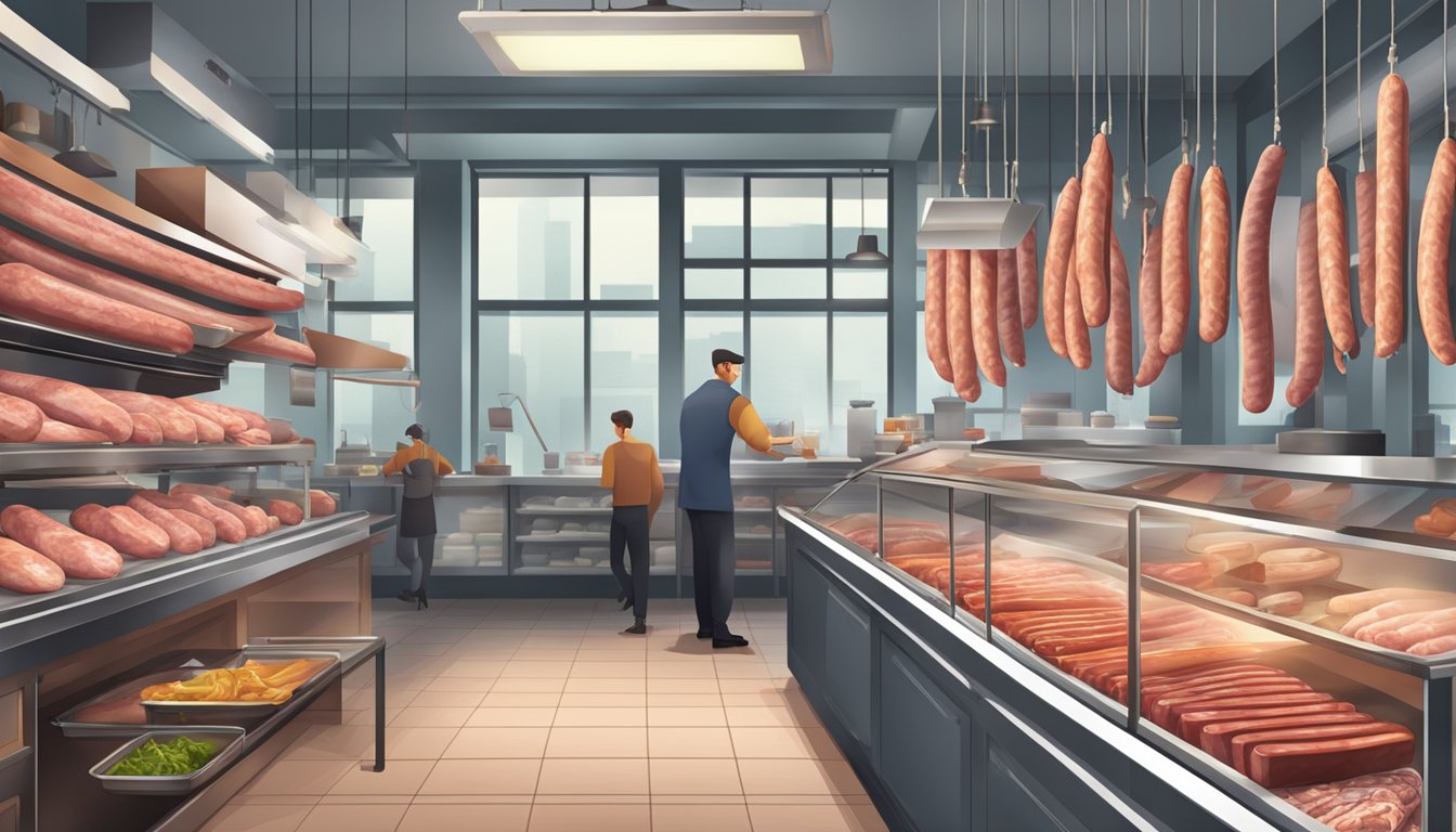 A busy, modern butcher shop with hanging sausages, cuts of meat on display, and a counter with a scale and sharp knives