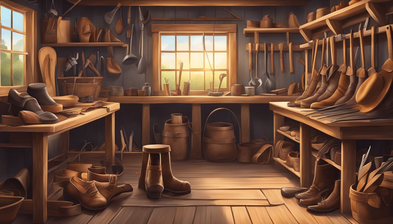 A traditional German-Texan shoemaker's workshop with tools and leather materials, reflecting cultural significance and social status