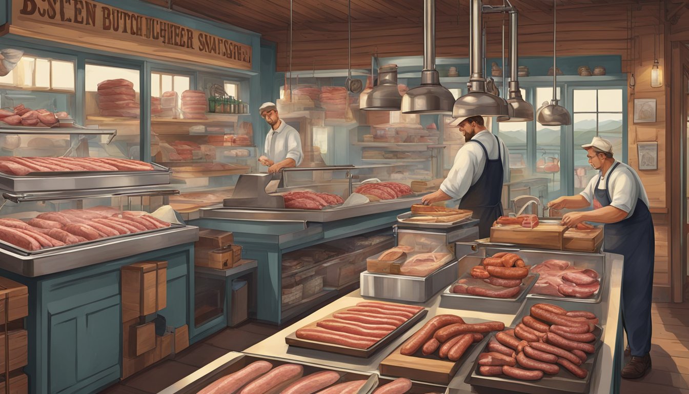 A bustling German Texan butcher shop with hanging sausages, meat displays, and a vintage meat slicer