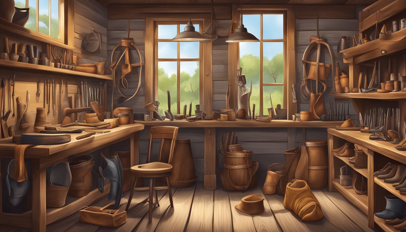 A traditional German Texan shoemaker's workshop with antique tools and leather materials