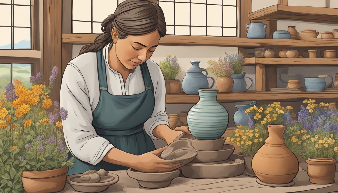 A German immigrant in traditional clothing molds clay into a decorative pottery piece, surrounded by Texas wildflowers and a rustic pottery studio