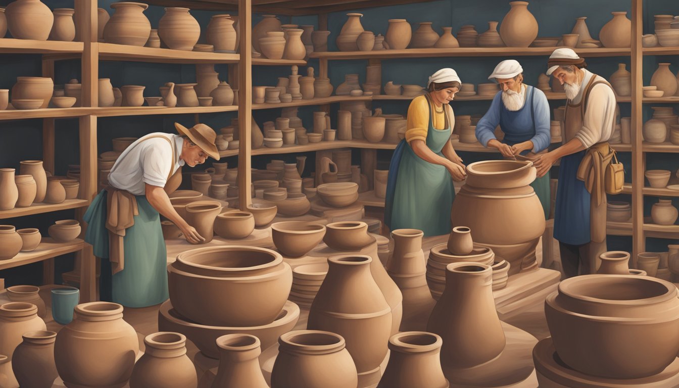 A group of German immigrants in Texas shaping clay into traditional pottery designs, surrounded by kilns and shelves of finished ceramics