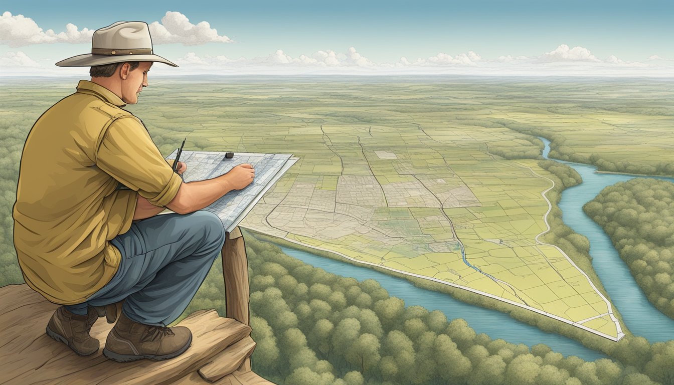 A German Texan cartographer surveys the Texas landscape, meticulously mapping out its features with precision instruments and tools