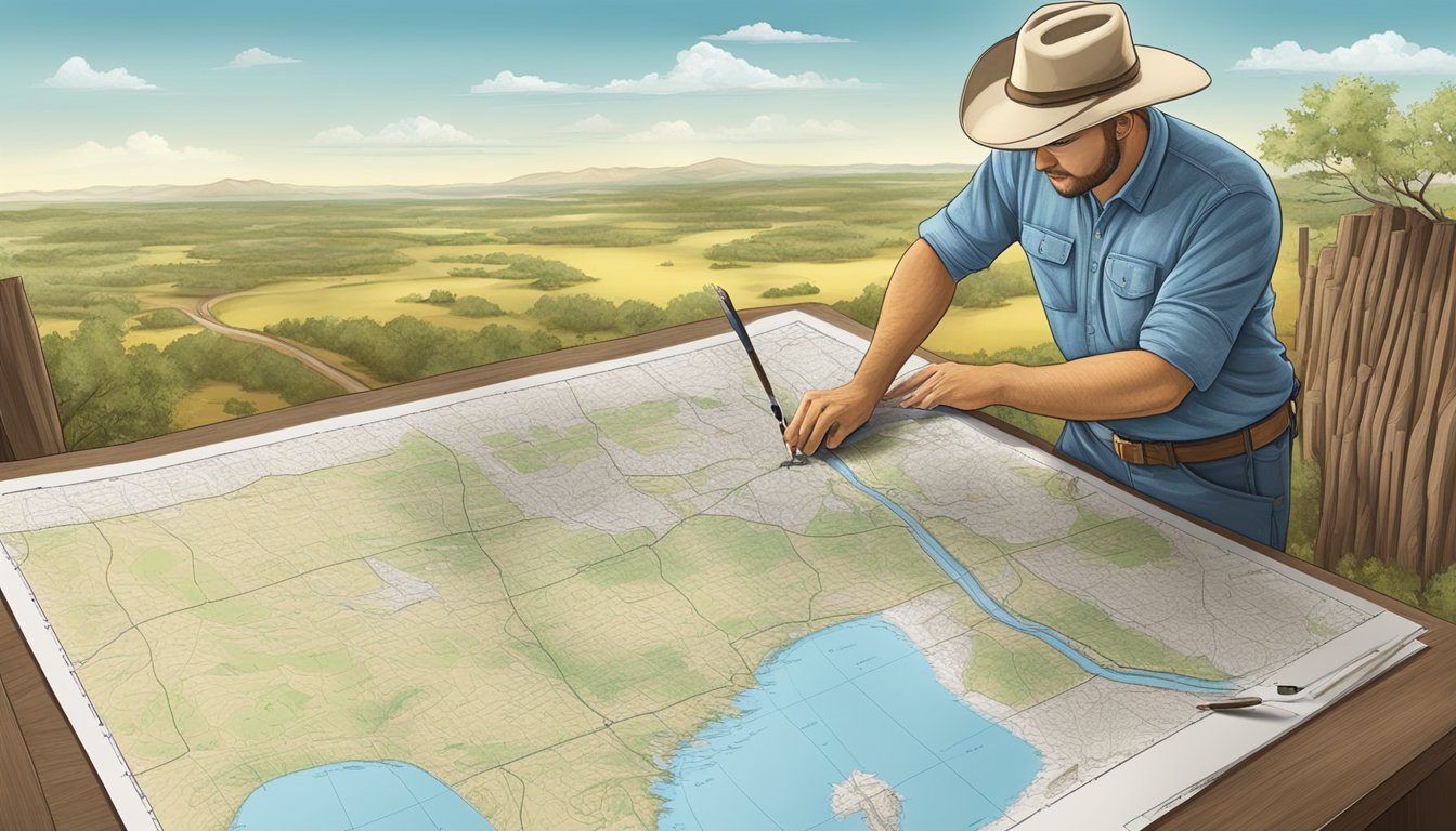 A German Texan surveyor mapping Texas landscapes with precision tools and a detailed map spread out on a table