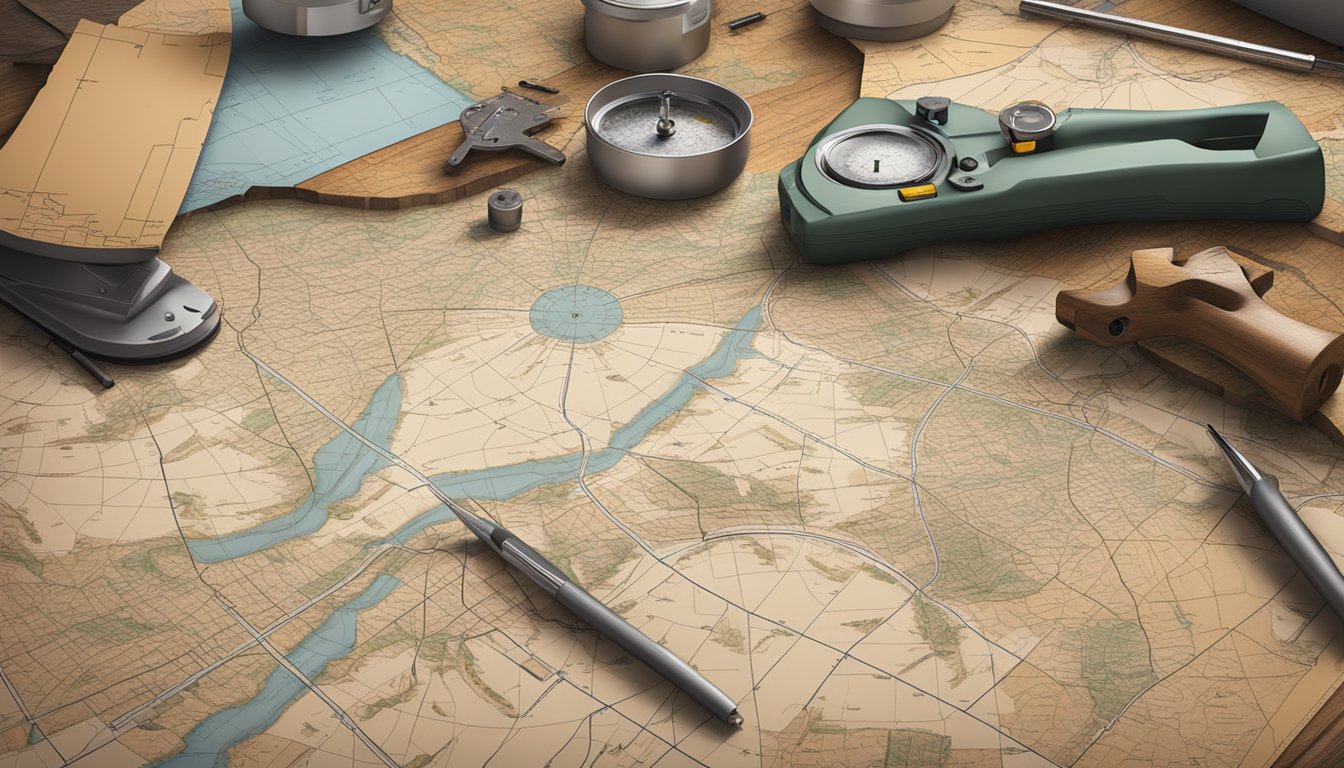 A German Texan surveyor mapping Texas terrain with precision tools and a detailed map spread out on a table