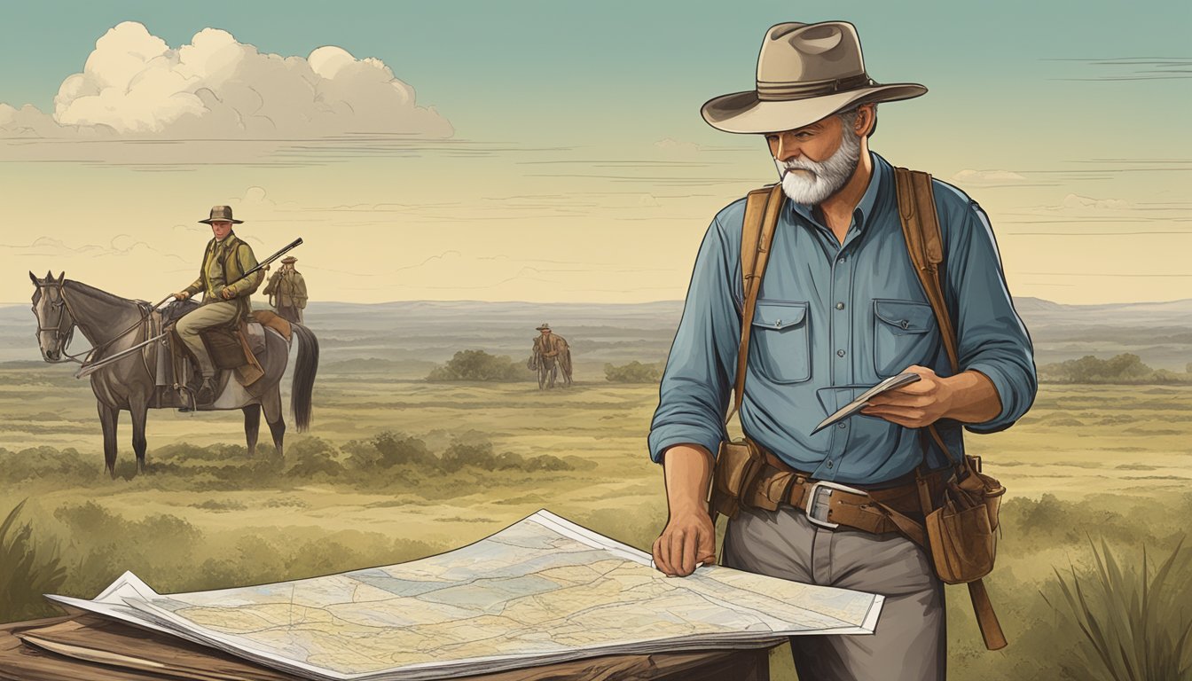 A German Texan surveyor mapping the Texas landscape with historical maps and documents in the background