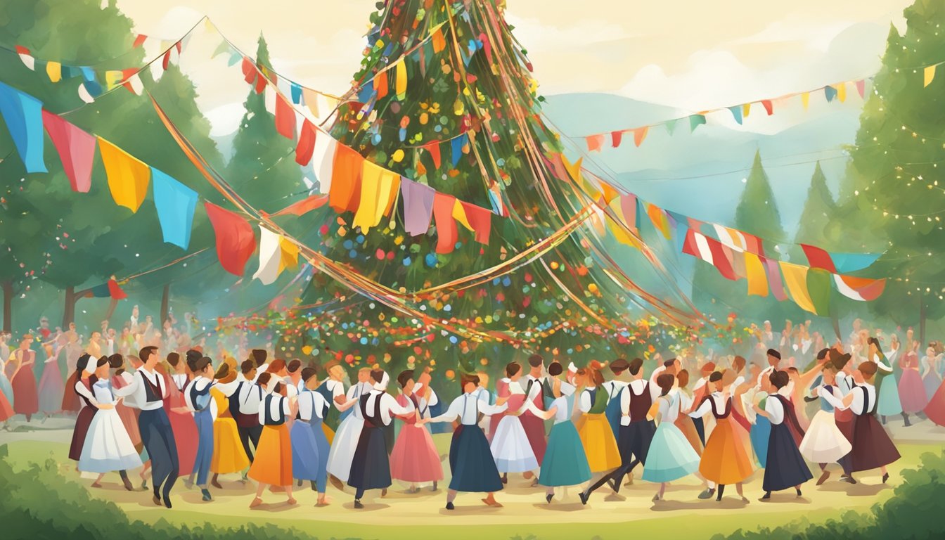 Colorful maypole surrounded by dancers in traditional German attire. Festive atmosphere with music, food, and decorations