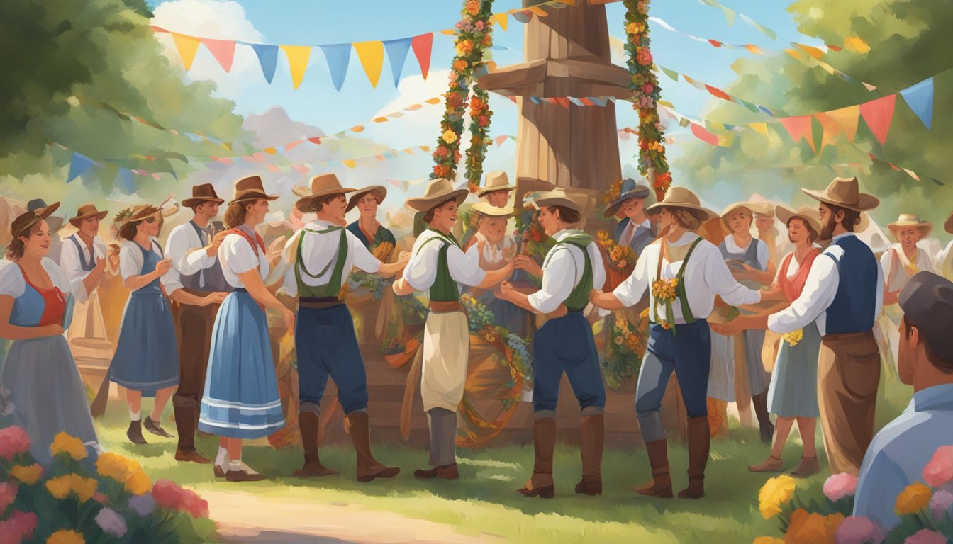 A group of people in traditional German-Texan attire gather around a maypole adorned with ribbons and flowers, celebrating Maifest with music and dance