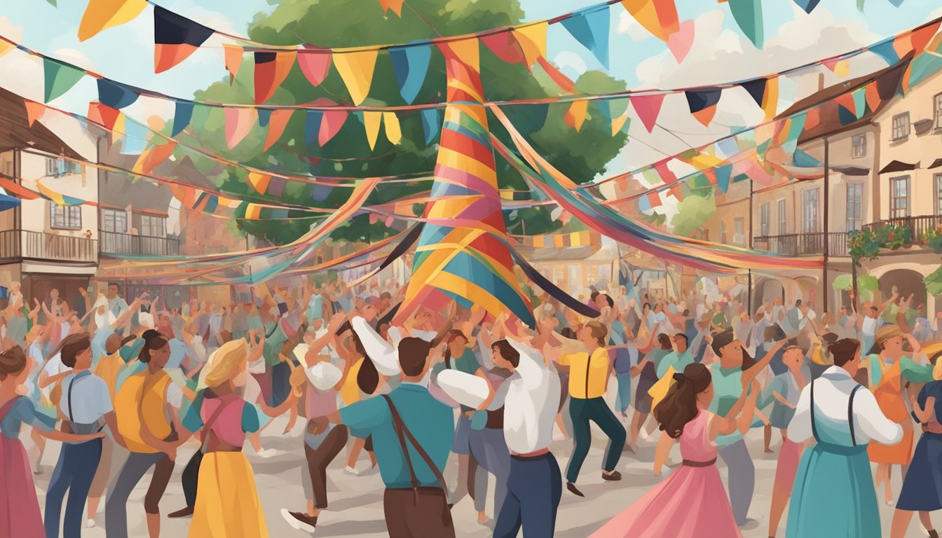 A colorful maypole adorned with ribbons, surrounded by people dancing and singing, while traditional German and Texan symbols decorate the area