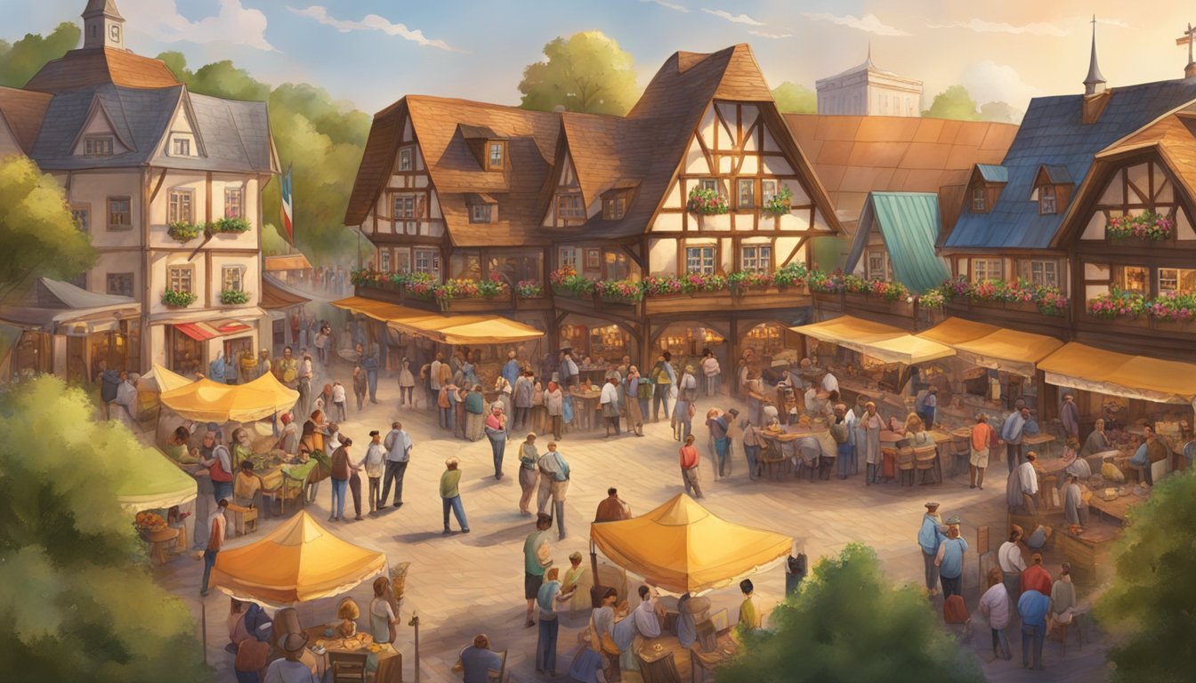 A traditional German-Texan maifest celebration with intricate timber-framed buildings and colorful handcrafted decorations