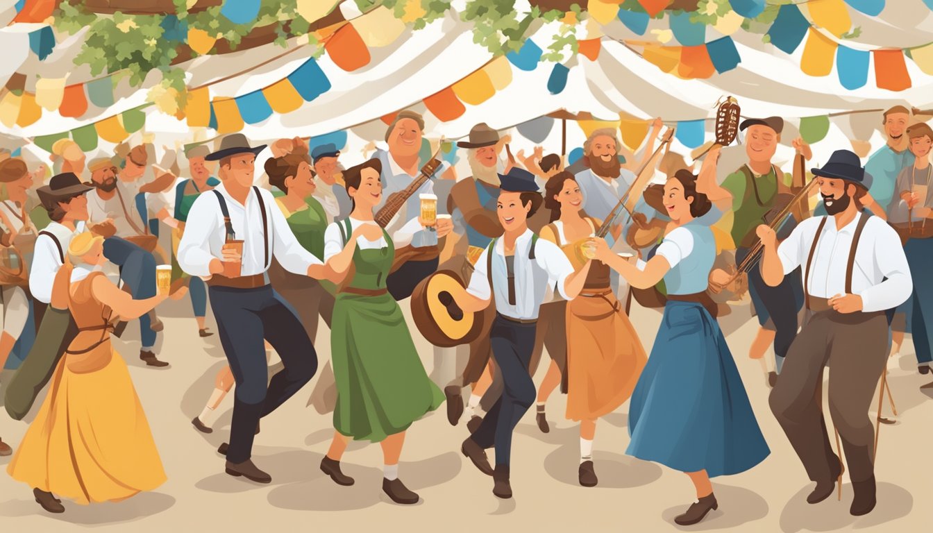 A lively maifest celebration with traditional German Texan elements, including maypole dancing, music, food, and beer