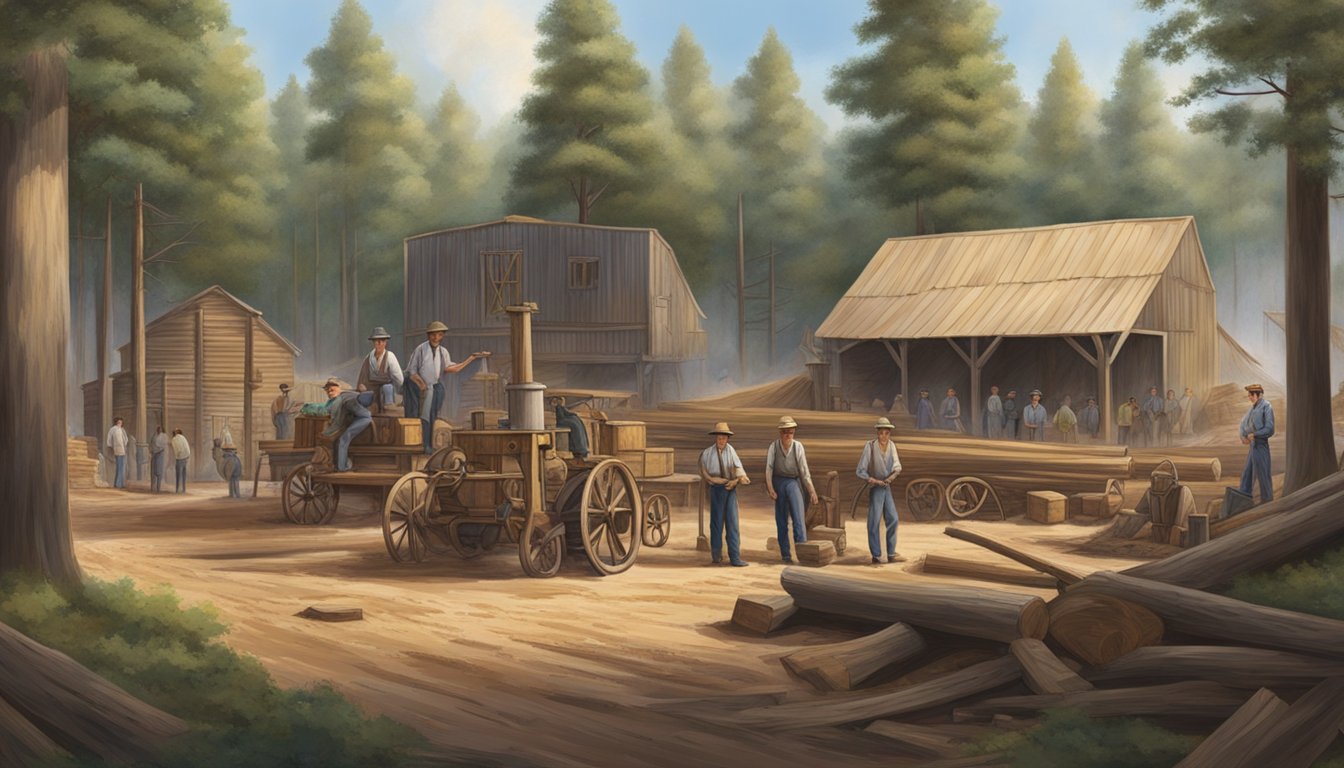 A group of German immigrants working in a Texas lumber mill, surrounded by towering trees and sawdust, shaping the landscape and economy of the region