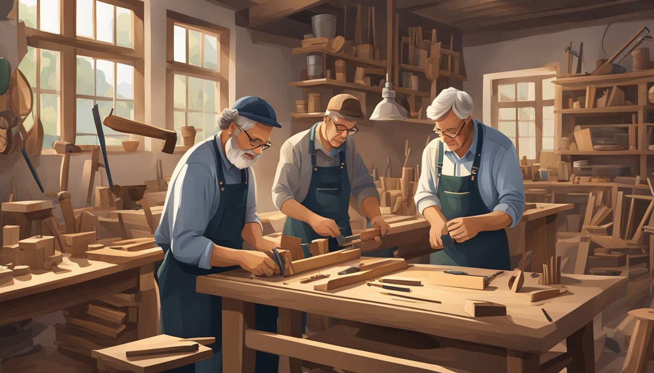 A group of German Texan furniture makers crafting traditional pieces in a workshop, surrounded by tools and finished pieces