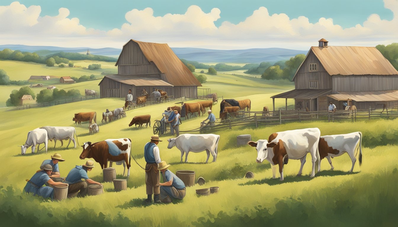 A group of German settlers tending to dairy cows in the rolling hills of Texas, with traditional German architecture in the background