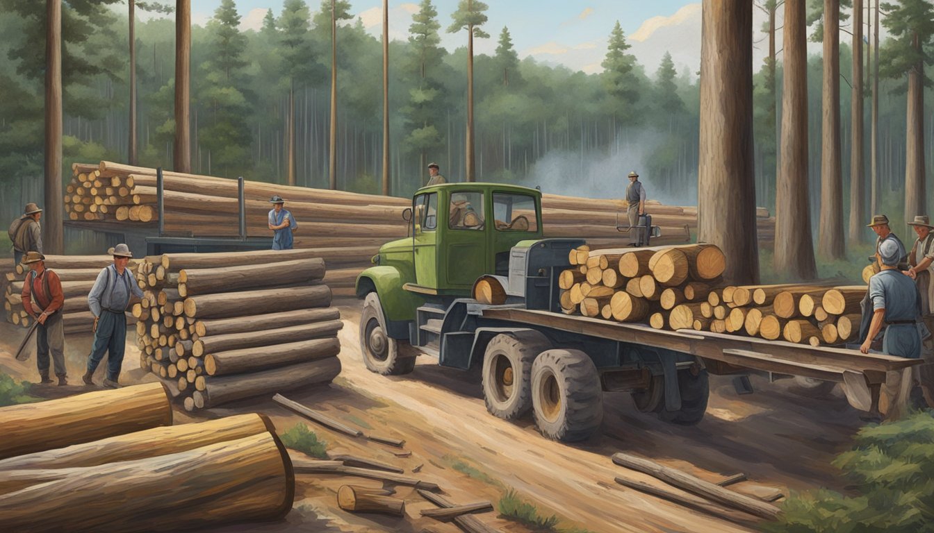 A group of German Texans overseeing the operation of sawmills and logging activities in the dense forests of Texas, with stacks of lumber in the background