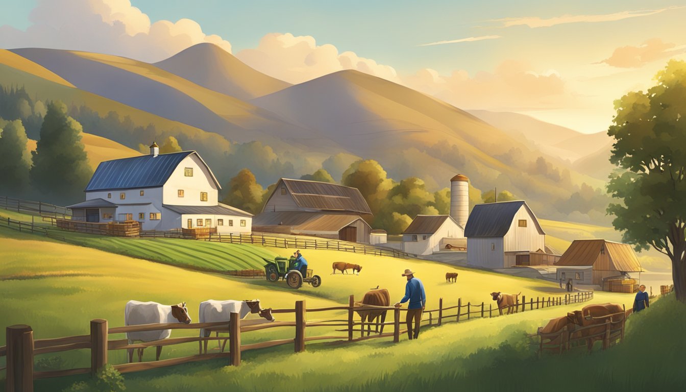 A German Texan family tending to a prosperous dairy farm, with rolling hills and a traditional farmhouse in the background