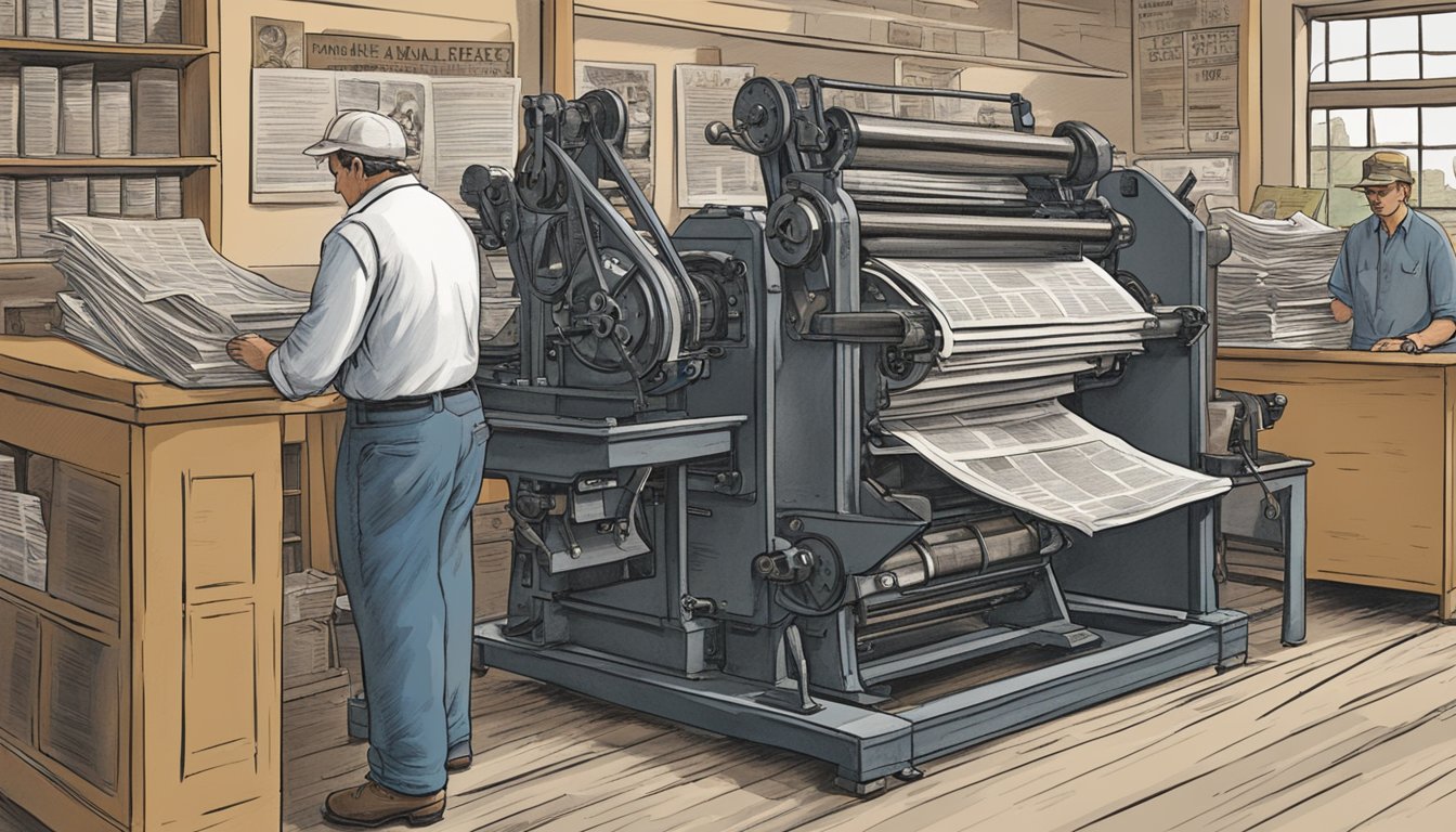 A printing press with German language newspapers being distributed in a bustling Texas town