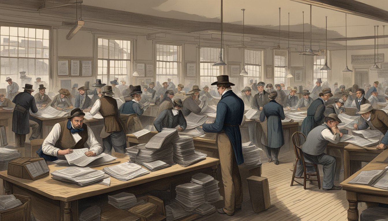 A bustling newsroom in 19th century Texas, with German immigrants contributing to newspapers and academic journals