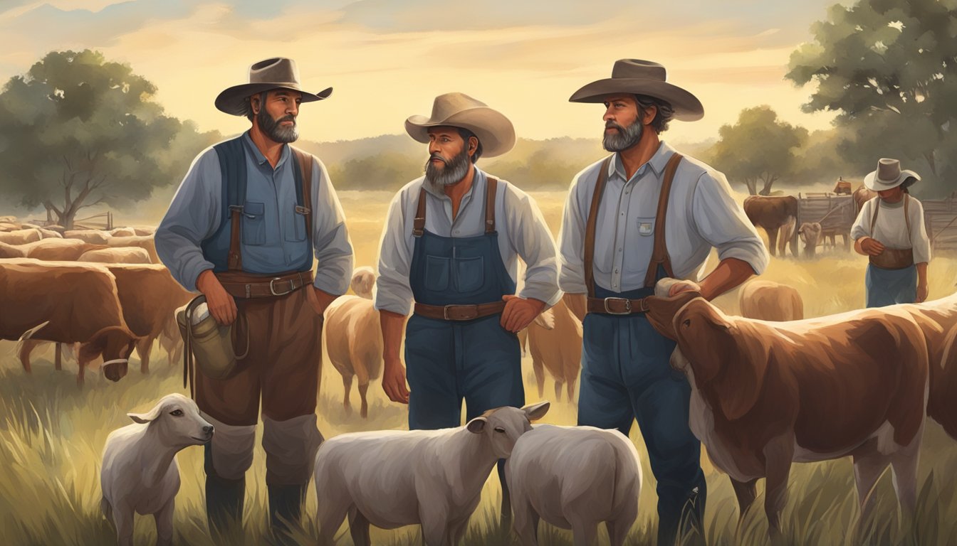 A group of German Texan settlers working together to treat and care for livestock, using traditional veterinary methods in the Texas countryside