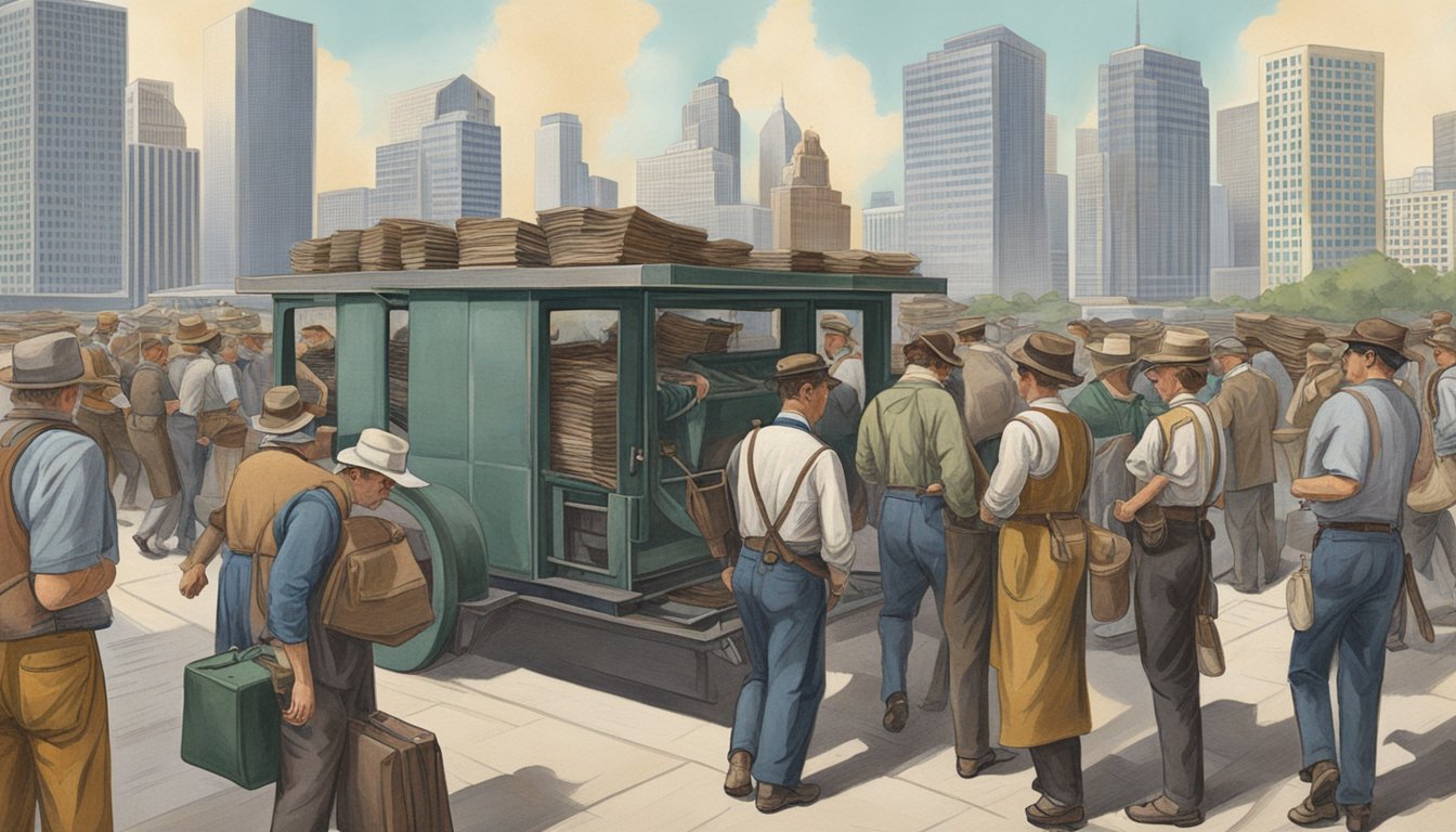 A group of German immigrants arriving in Texas, bringing printing presses and newspapers, surrounded by modern skyscrapers