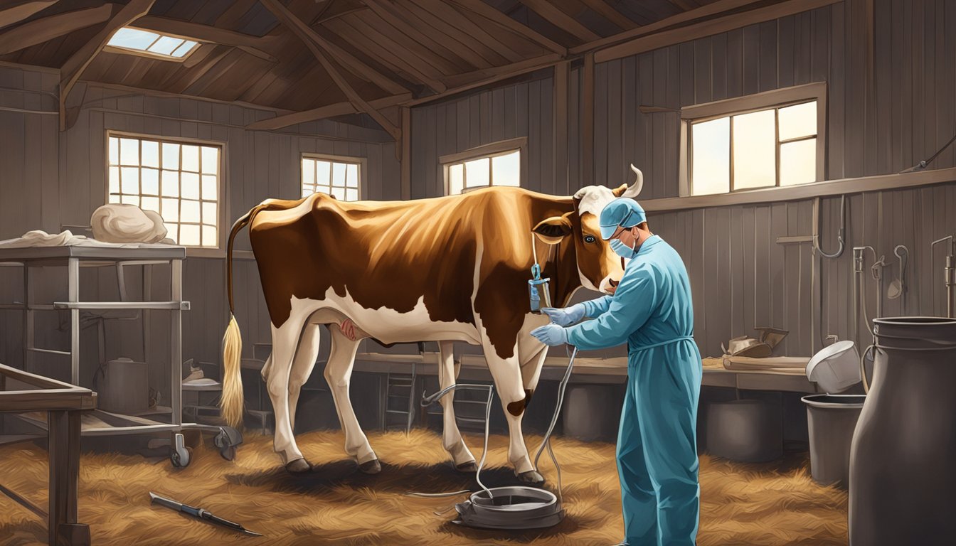 A German Texan veterinary surgeon performing a surgery on a cow in a rural Texas barn