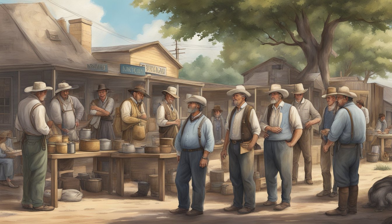 A group of German Texan settlers working alongside local veterinarians, exchanging knowledge and techniques in a bustling Texas town