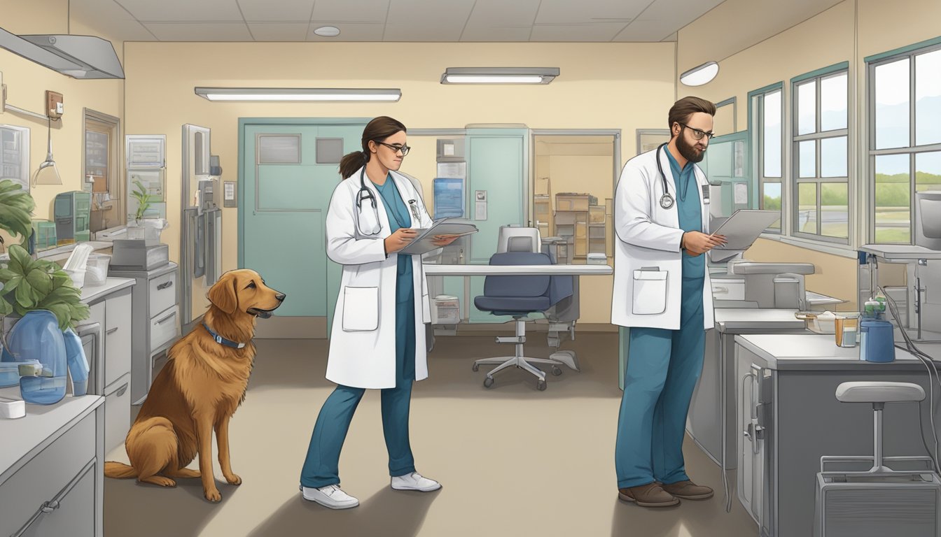 A German-Texan veterinarian works with local colleagues, exchanging knowledge and techniques in a bustling Texas veterinary clinic