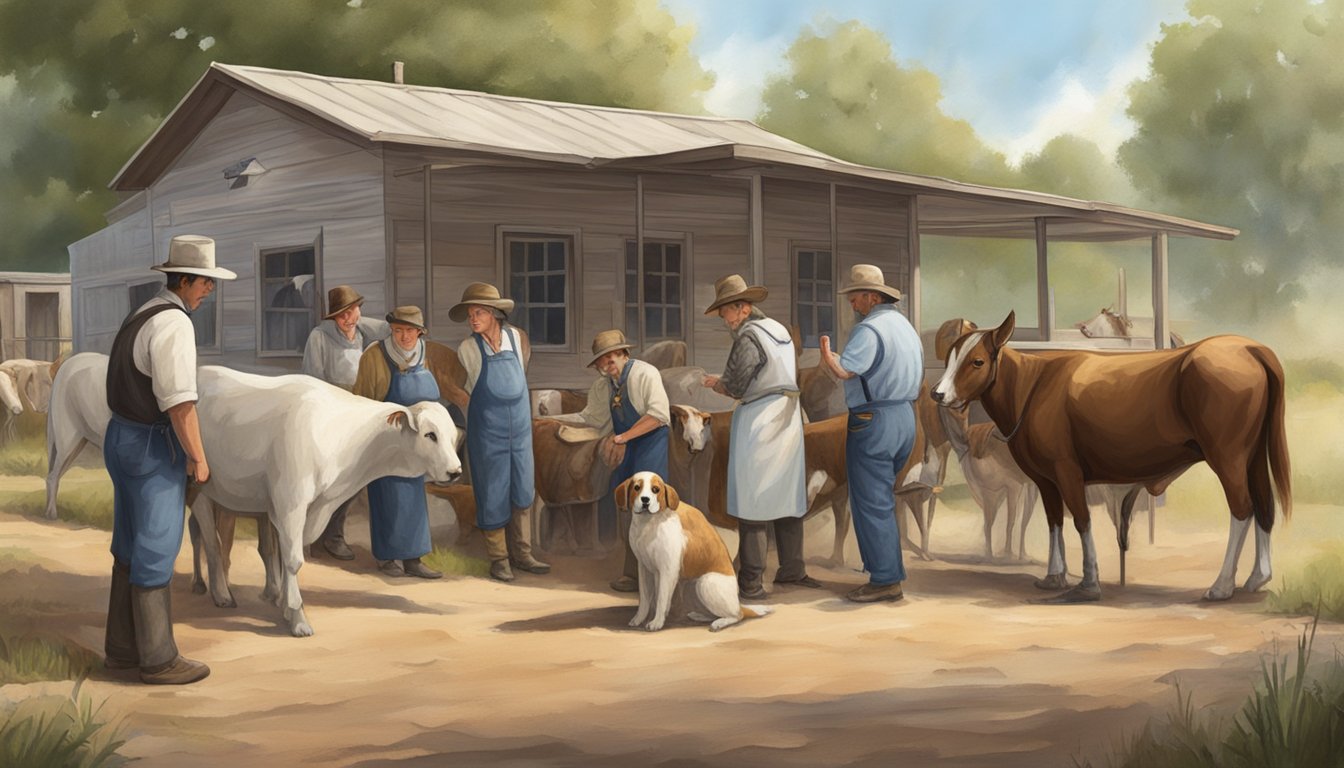 A group of German Texan settlers establishing a veterinary clinic in rural Texas, caring for livestock and pets