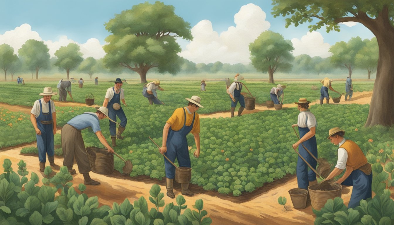 A group of German settlers planting and tending to various crops in the Texas countryside, showcasing their influence on Texas horticulture