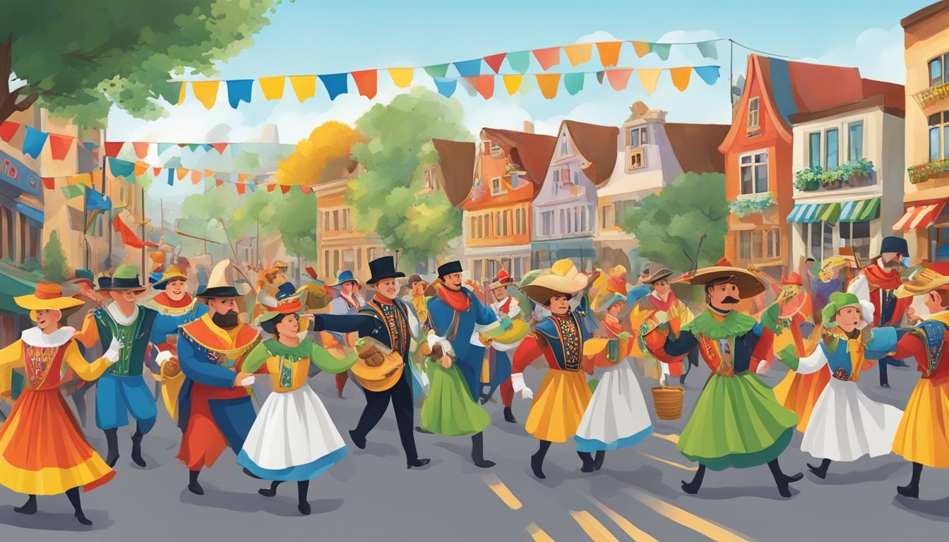 A colorful parade featuring traditional German and Texan Fasching costumes, with lively music and dancing, and local businesses showcasing their cultural integration