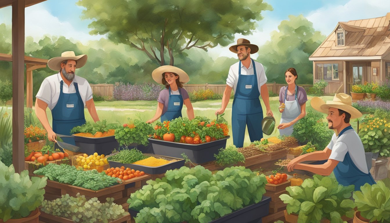 A German Texan family planting traditional crops in a Texas garden, surrounded by a mix of German and Texan culinary ingredients