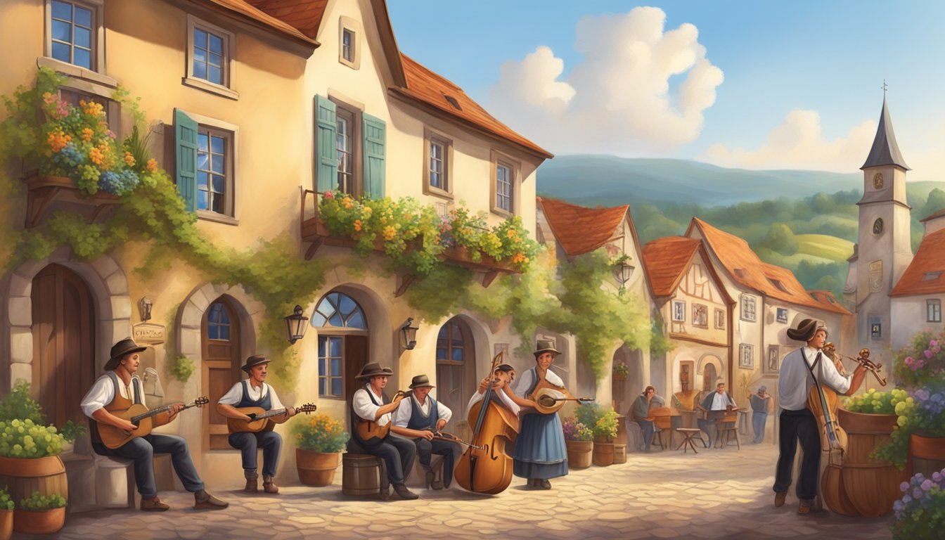 A picturesque German Texan village with traditional architecture, surrounded by rolling hills and vineyards. A group of musicians playing folk music in the town square