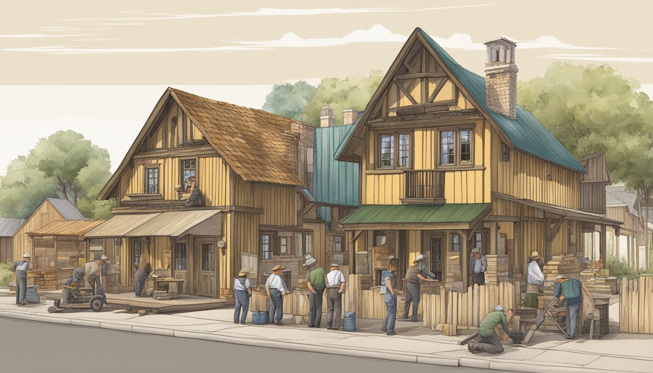 German Texan architects and builders constructing traditional German-style buildings in a Texas town, incorporating elements of both cultures into the architecture