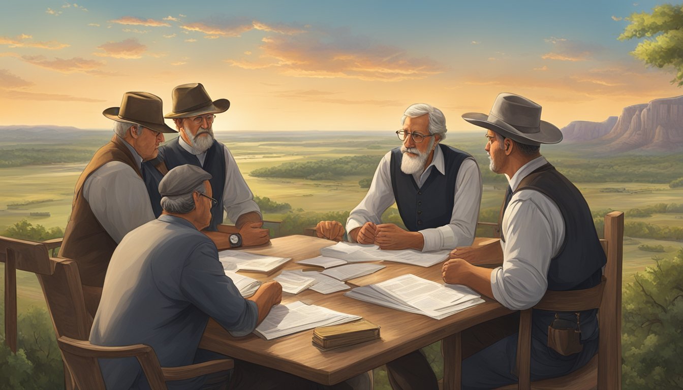 A group of German immigrants gather around a table, discussing and drafting legal documents, with a backdrop of the Texas landscape