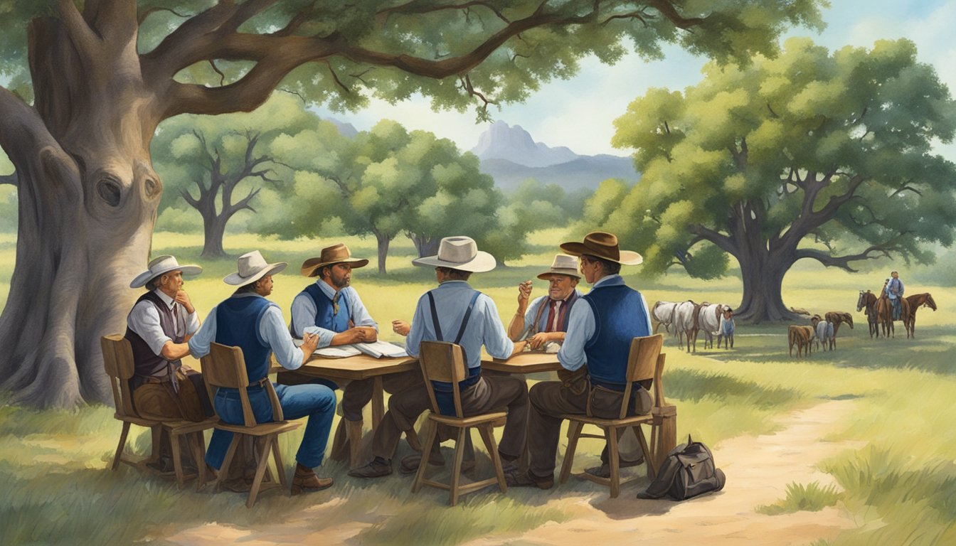 A group of German-Texan settlers discussing legal matters under a large oak tree, with a backdrop of the Texas landscape