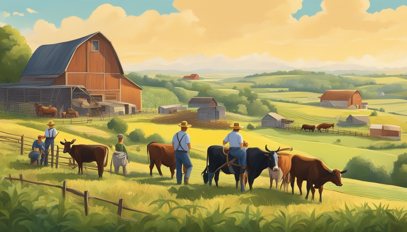 A German Texan family tending to a prosperous farm with fields of crops and a herd of cattle grazing in the distance