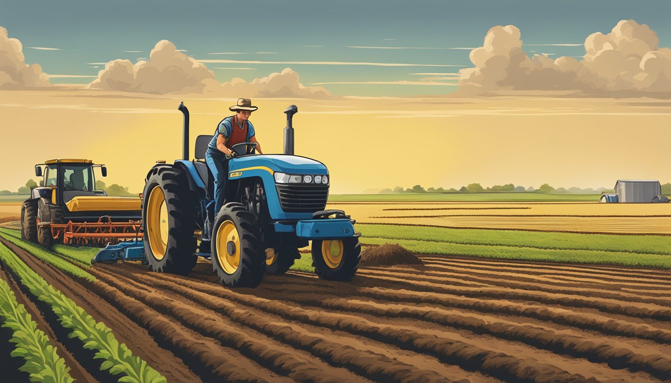 A German-Texan farmer tilling the rich soil of a vast Texas farm, surrounded by fields of crops and livestock