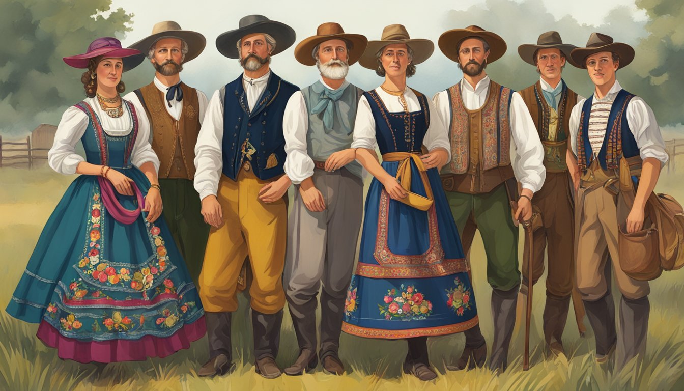 A group of German settlers in traditional attire, showcasing their influence on Texas fashion and textiles through colorful fabrics and intricate embroidery