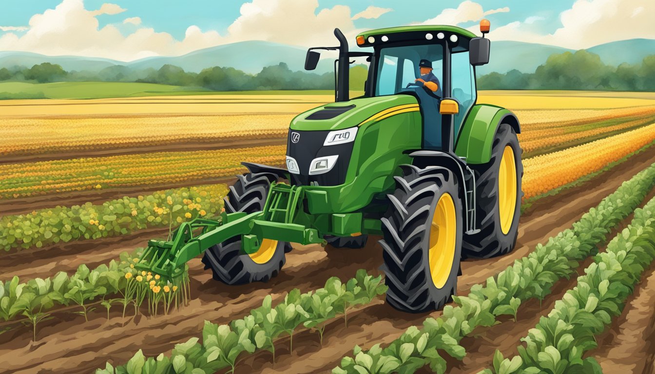 A German Texan farmer tending to a field of crops with a mix of traditional German and Texan agricultural practices