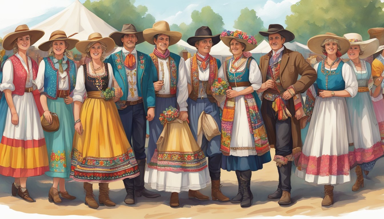 A group of people wearing traditional German clothing, with intricate embroidery and vibrant colors, gather at a Texas festival, surrounded by textiles and fashion inspired by German Texan influence