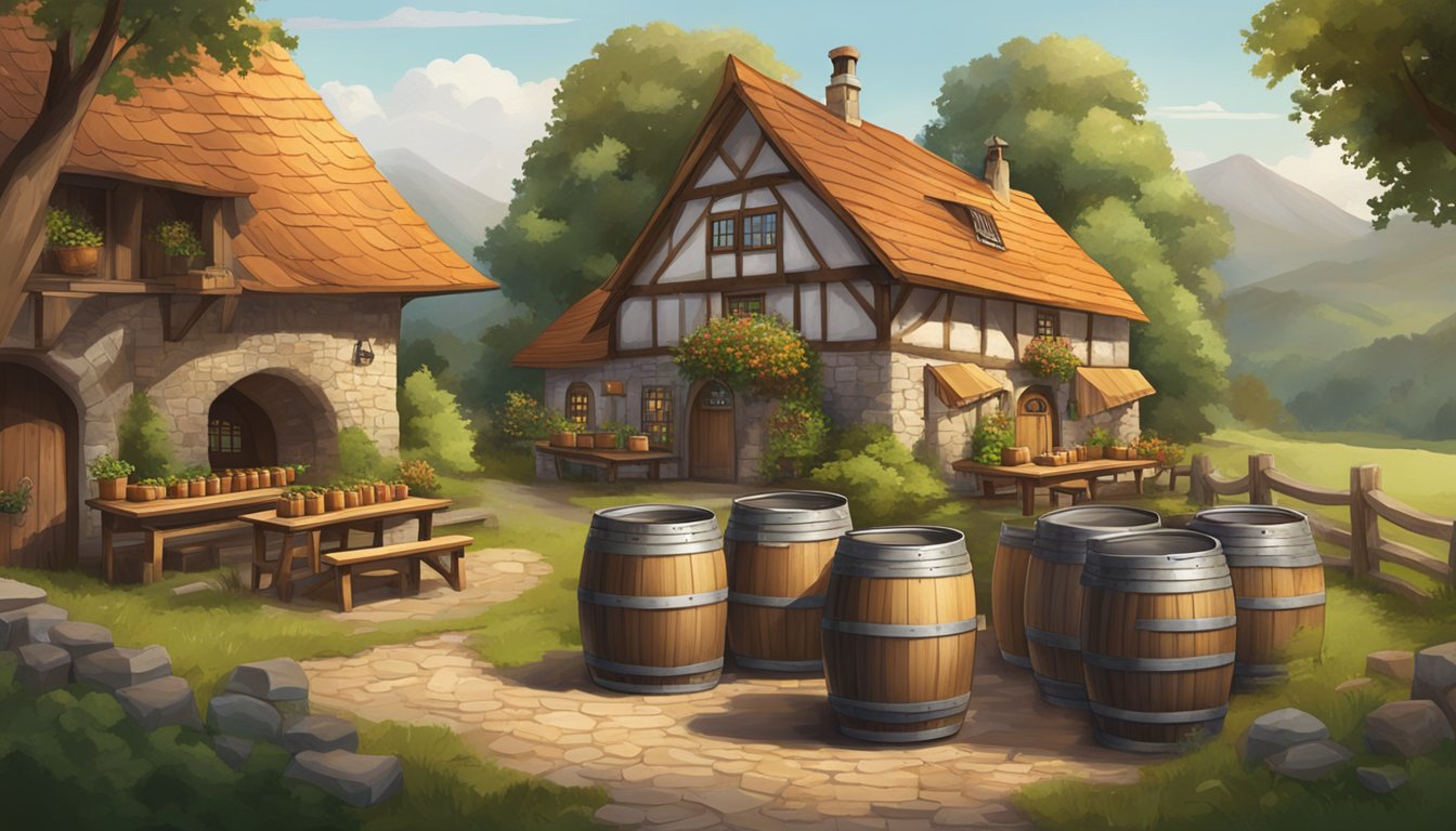 A rustic German Texan brewery with wooden barrels, copper kettles, and a stone building nestled in a lush, rolling countryside