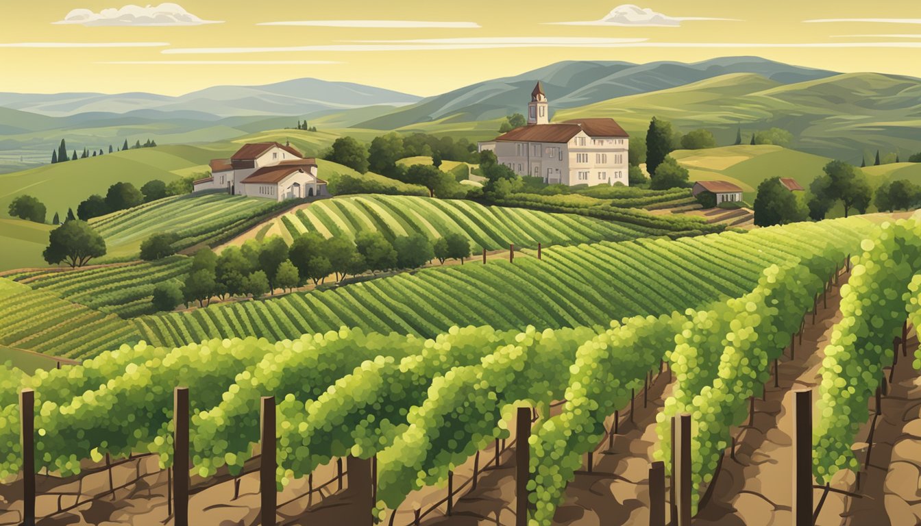 Vineyard with rolling hills, grapevines, and a winery in the background